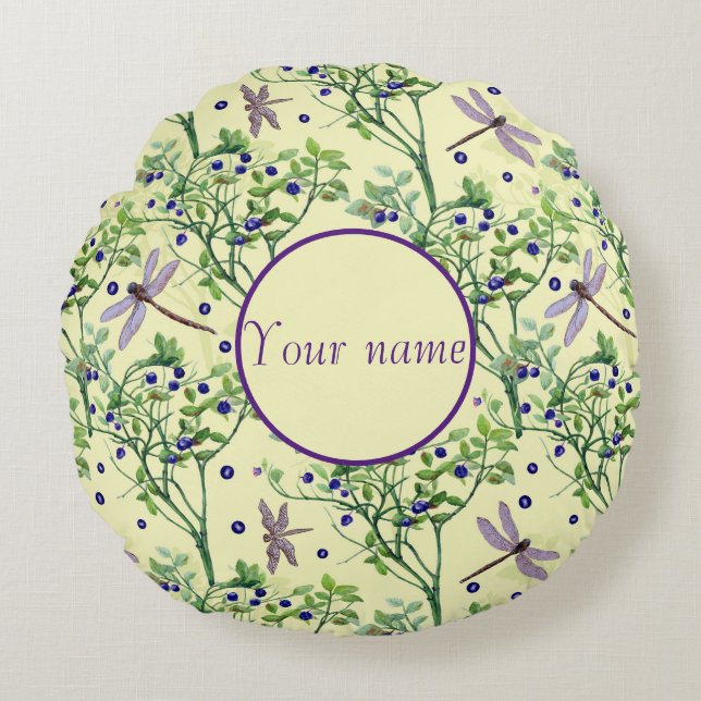 Cojín Redondo Patrón de arándano con libélulas (Anverso)