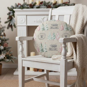 Cojín Redondo Patrón de árbol de navidad de estampado de burlap 