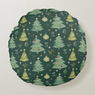 Cojín Redondo Patrón de árboles y ornamentos de Navidad