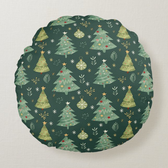 Cojín Redondo Patrón de árboles y ornamentos de Navidad (Anverso)