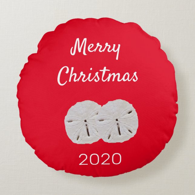 Cojín Redondo Patrón de arena Red White Beach Feliz Navidad (Anverso)