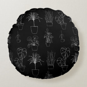 Cojín Redondo Patrón de arte de línea de plantas de interior bot