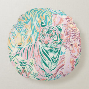 Cojín Redondo Patrón de arte del tigre de color Pastel
