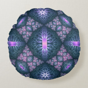 Cojín Redondo Patrón de arte fractal 3D turquesa rosa púrpura