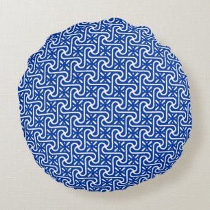 Cojín Redondo patrón de azulejo egipcio, blanco y azul cobalto