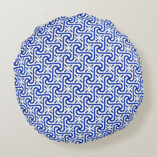 Cojín Redondo patrón de azulejo egipcio, blanco y azul cobalto