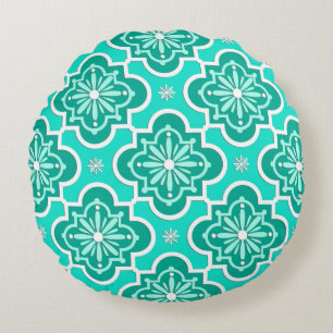 Cojín Redondo patrón de azulejo marroquí - turquesa y aqua