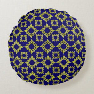 Cojín Redondo Patrón de azulejos mediterráneos de lujo azul amar