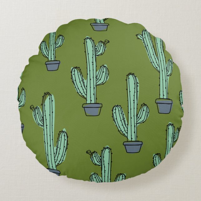 Cojín Redondo Patrón de cactus dibujado a mano (Anverso)