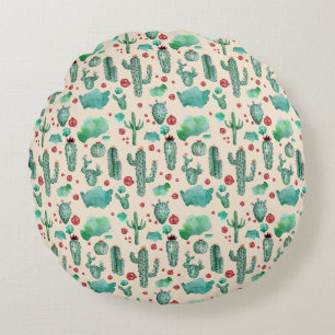 Cojín Redondo patrón de cactus y ladybug - fondo beige