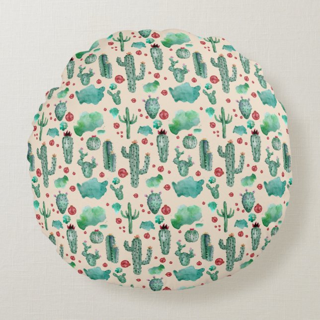 Cojín Redondo patrón de cactus y ladybug - fondo beige (Anverso)