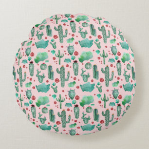 Cojín Redondo patrón de cactus y ladybug - fondo rosa claro