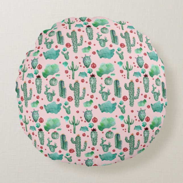 Cojín Redondo patrón de cactus y ladybug - fondo rosa claro (Anverso)