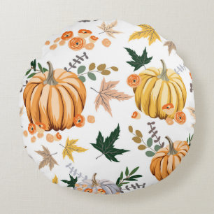 Cojín Redondo Patrón de calabaza y flores del naranja de otoño