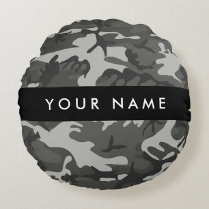 Cojín Redondo Patrón de camuflaje gris, tu nombre, Personaliza