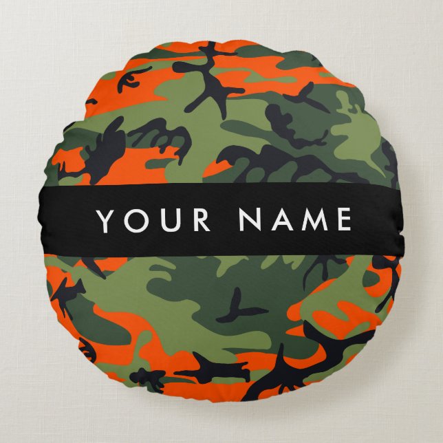 Cojín Redondo Patrón de camuflaje naranja, tu nombre, personaliz (Anverso)