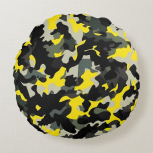 Cojín Redondo Patrón de camuflaje negro y amarillo