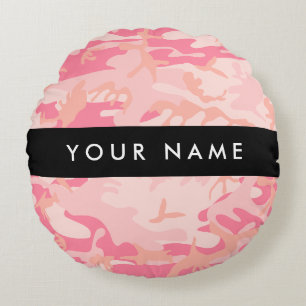 Cojín Redondo Patrón de camuflaje rosa, tu nombre, Personaliza