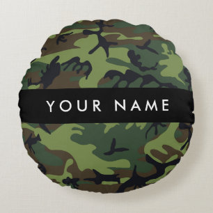 Cojín Redondo Patrón de Camuflaje Verde, Tu nombre, Personaliza