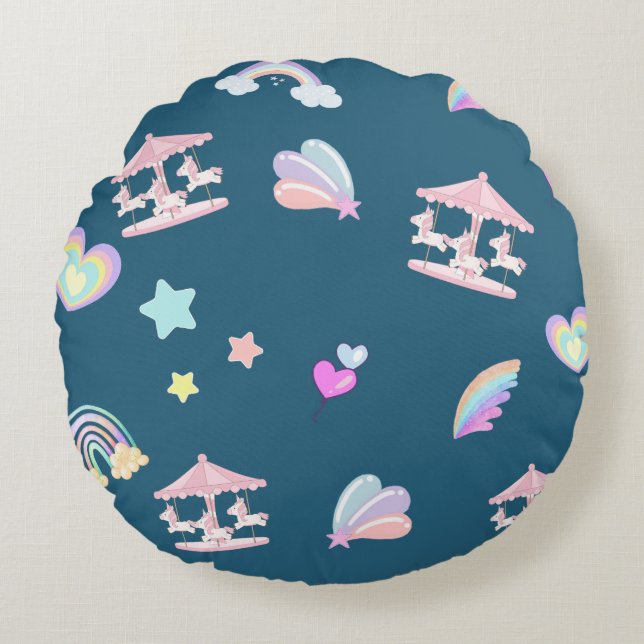 Cojín Redondo Patrón de carrusel de arco iris de Unicornio mágic (Anverso)