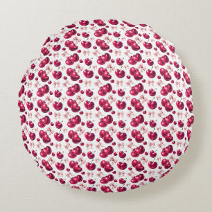 Cojín Redondo Patrón de cereza coquette con lazo rosa Estética 