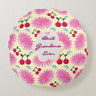 Cojín Redondo Patrón de Cereza Floral Rosa Brillante Personaliza