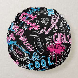 Cojín Redondo Patrón de chicas con lema caligráfico, corazones,