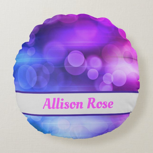 Cojín Redondo Patrón de círculos abstractos rosados y púrpura (Anverso)