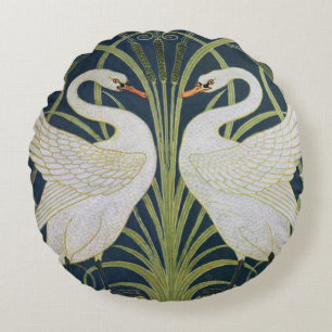 Cojín Redondo Patrón de cisnes Art Nouveau: Impresión de cisne d