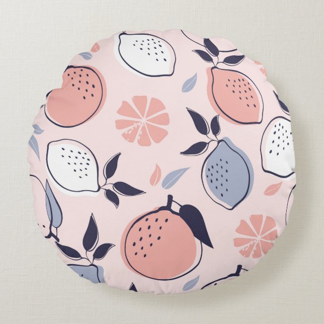 Cojín Redondo Patrón de cítricos abstracto de limón y Naranjas e (Anverso)