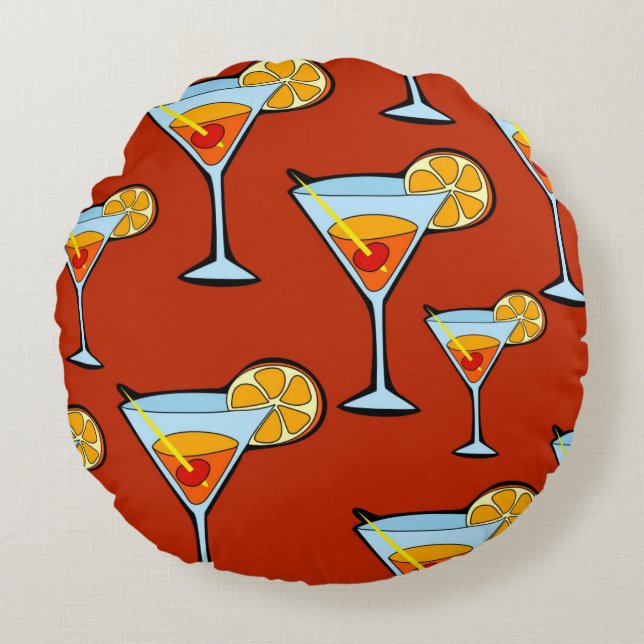 Cojín Redondo Patrón de cócteles Martini Naranja oscuro (Anverso)