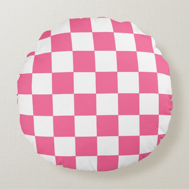Cojín Redondo Patrón de comprobación de color blanco rosado (Anverso)