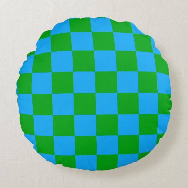 Cojín Redondo Patrón de comprobación verde azul (Anverso)