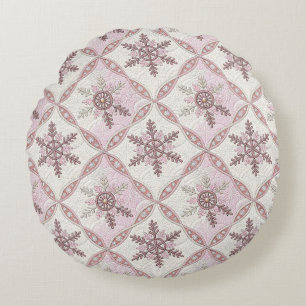 Cojín Redondo Patrón de copo de nieve rosa templado invierno