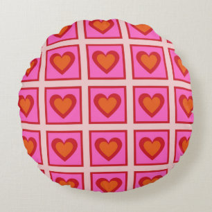 Cojín Redondo Patrón de corazón a cuadros vintage retro rosa Y2K