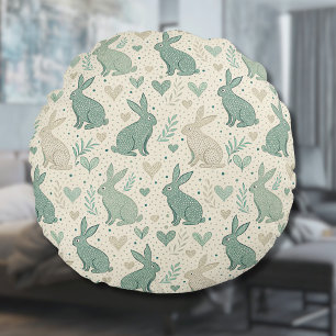 Cojín Redondo Patrón de Corazones con Siluetas de Conejo Simple 