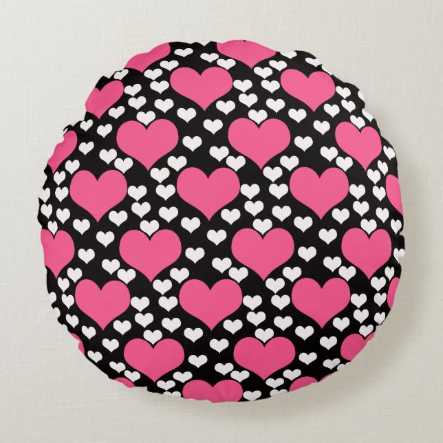 Cojín Redondo Patrón de corazones de amor blanco rosado (Anverso)
