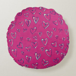 Cojín Redondo Patrón de Corazones Magenta