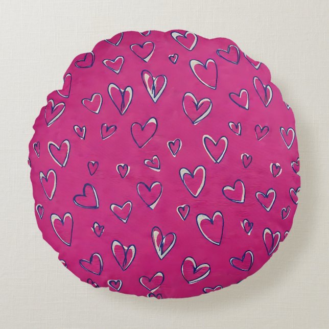 Cojín Redondo Patrón de Corazones Magenta (Anverso)