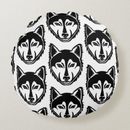 Cojín Redondo Patrón de corte de linóleo para retrato negro y bl