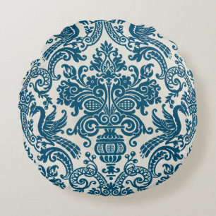 Cojín Redondo Patrón de cosecha de color azul y blanco floral