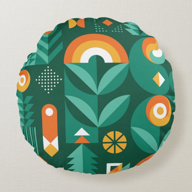 Cojín Redondo Patrón de cosecha geométrica abstracta en Escandin (Anverso)