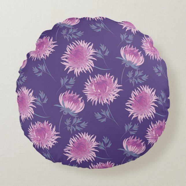Cojín Redondo Patrón de cosecha violeta de crisantemo flor (Anverso)