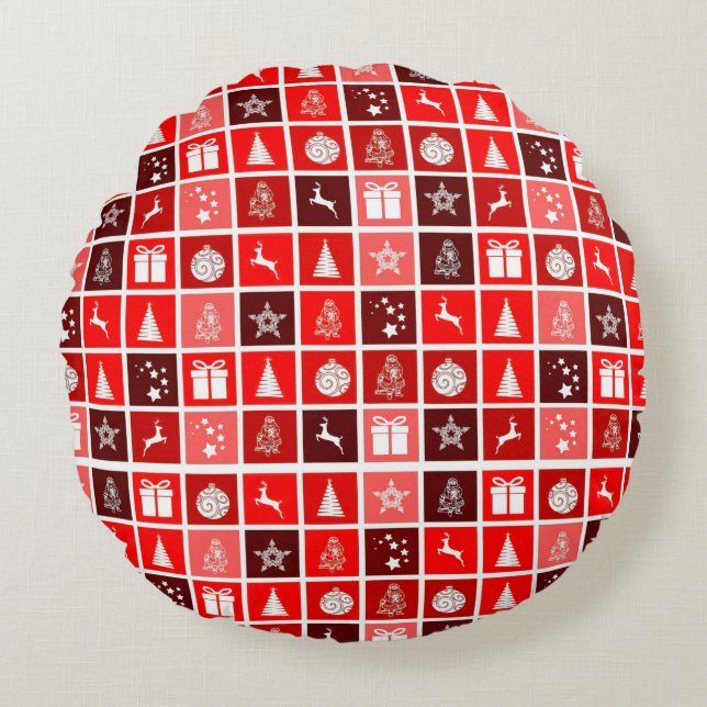 Cojín Redondo Patrón de cuadrícula de Navidad roja moderna minim (Anverso)
