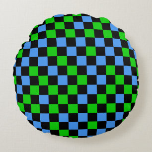 Cojín Redondo Patrón de cuadros azules, verdes y negros