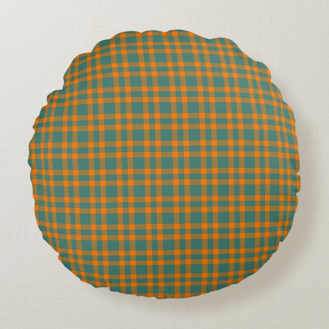 Cojín Redondo Patrón de cuadros en teal naranja (Anverso)