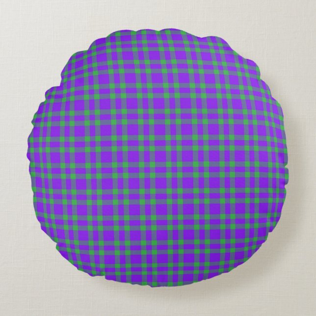 Cojín Redondo Patrón de Cuadros Morado Verde (Anverso)