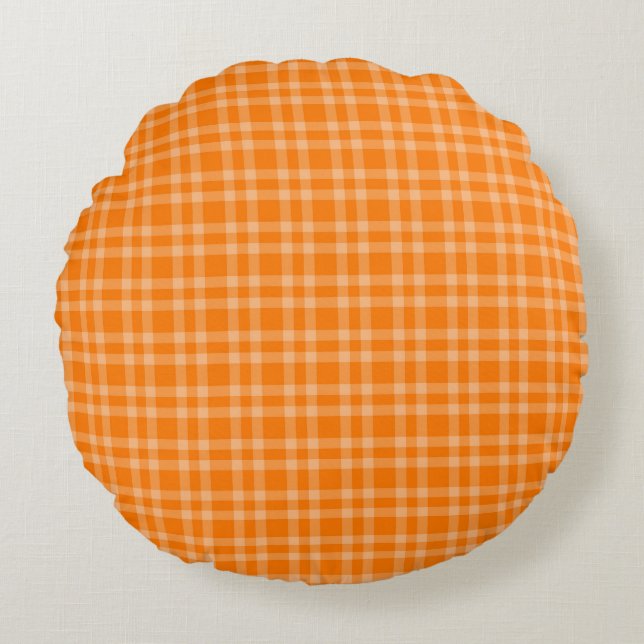 Cojín Redondo Patrón de Cuadros Naranja (Anverso)