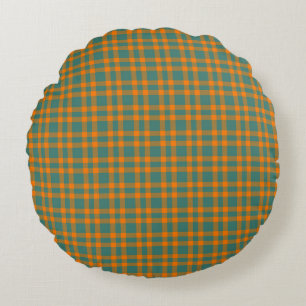 Cojín Redondo Patrón de Cuadros Naranja Verde Azulado