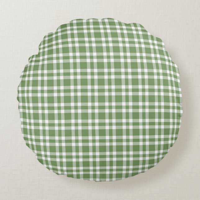Cojín Redondo Patrón de Cuadros Verde Blanco (Anverso)